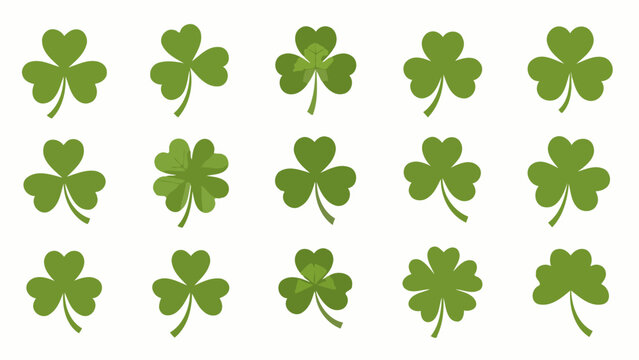 Diverse collection of stylized green shamrock and four-leaf clover illustrations, ideal for adding a touch of luck, nature, or festive Irish charm to digital and print designs