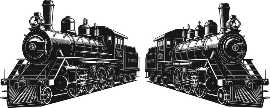 Facing steam locomotives&mdash;vector of two vintage trains with detailed mechanical parts and historical year labels 1872 and 1876