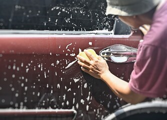 Photo of a man wearing a t-shirt washing or cleaning his car alone. Washing the car with soap and water during the day.