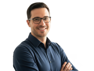 Smiling businessman in glasses with arms crossed, looking at camera