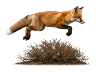 Fox leaping over bush in nature animal dynamic scene isolated on transparent background