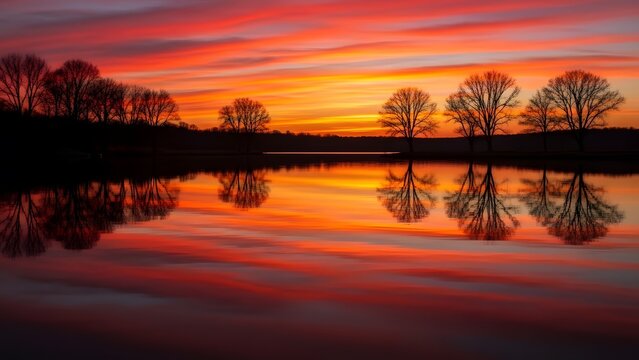 Beautiful sunset reflection on calm water with silhouettes of bare trees on the shore during twilight - Powered by Adobe
