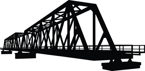 Truss bridge silhouette—vector of triangular beam structure with piers and elevated walkway for rail or road