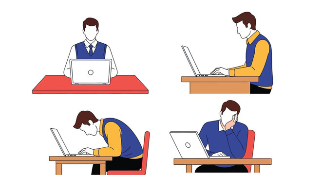 Man working on laptop in different positions and emotions