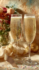 A pair of romantic champagne glasses with pastel ribbons glowing warmly in soft festive light creating an elegant intimate celebration mood for refined holiday and new year themes