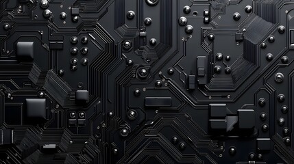 Metallic circuit board with futuristic design and glowing patterns