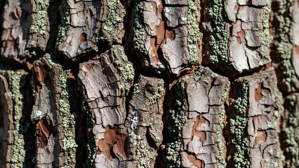 Extreme Close-up Macro View of Rough, Cracked Tree Bark Texture Covered in Patches of Small Pale Green Lichen and Moss