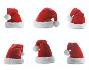 Set of Nine Isolated Red and White Santa Hats for Christmas