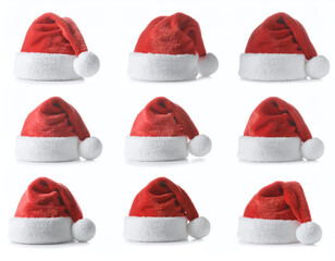 Set of Nine Isolated Red and White Santa Hats for Christmas
