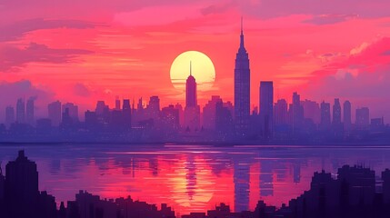 Reflective city skyline at sunset