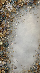 A winter floral border with metallic blue and gold accents frosted botanical details and shimmering textures forming an elegant decorative frame for festive seasonal artwork