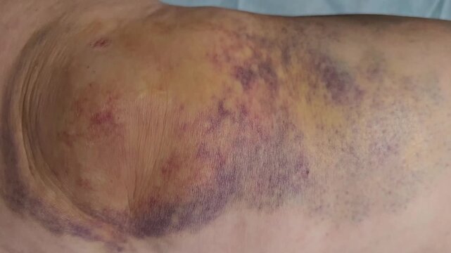 Injury on leg shows bruising and discoloration from a fall in the hospital setting during recovery