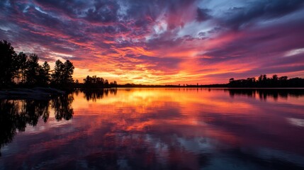 Vibrant sunset over calm lake colorful sky reflection