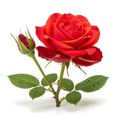 Red rose with bud and leaves isolated on white background