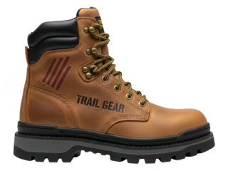 Brown leather work boot with laces isolated on transparent background
