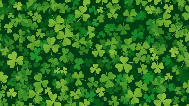 Seamless Pattern of Vibrant Green Three-Leaf and Four-Leaf Clover Leaves Scattered on a Dark Emerald Background, Symbolizing Good Fortune and Nature's Charm