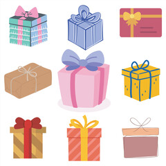 Vector set of 9 colorful gift boxes with ribbons and bows, isolated on white background for holiday and birthday celebration