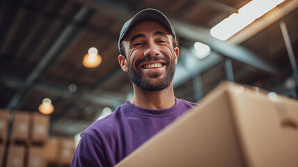 A joyful worker lifts a package with care inside a busy warehouse Generative AI