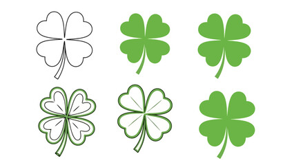 Four-leaf clover designs, outline and filled-in green variations, symbolizing luck and good fortune