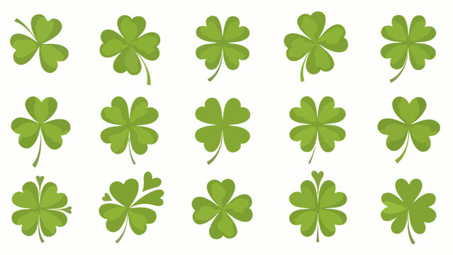 A collection of various green cloverleaf symbols representing luck and nature, arranged in a grid