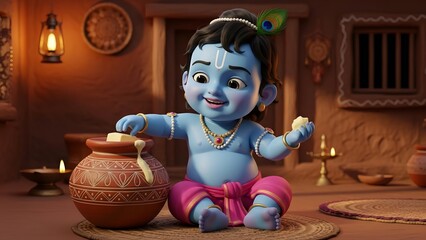 Cute cartoon baby lord krishna stealing and eating butter makhan from a traditional clay pot matka in a rustic indian home setting, highly detailed 3d render