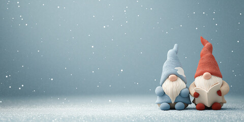 Obraz premium Two cheerful gnomes read together as soft snowflakes drift in a serene winter scene Generative AI