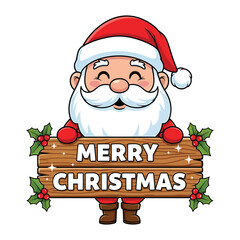 Cute Smiling Santa Claus Holding Wooden Merry Christmas Sign Cartoon Illustration