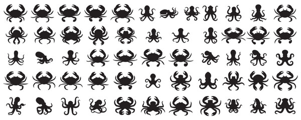 Diverse seafood black and white icons set.