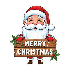 Cute Smiling Santa Claus Holding Wooden Merry Christmas Sign Cartoon Illustration