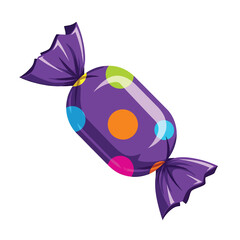 Colorful Purple Wrapped Candy Illustration with Polka Dot Design on White Background