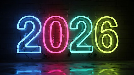 Colorful Neon 2026 Sign on Dark Wall Background