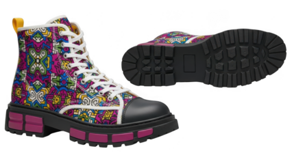 Colorful patterned combat boot with platform sole isolated on transparent background