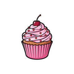 Delicious pink frosted cupcake with cherry and berry topping