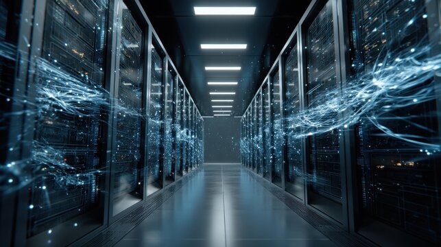 Data center server room with digital data flow