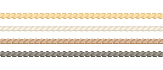 Hemp or cotton rope set. Seamless cord in yellow, white, black, and brown colors. Vector cartoon flat illustration.