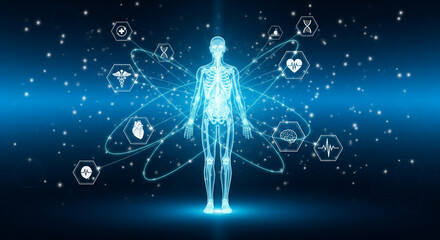 Glowing Human Silhouette with Health Icons and Cosmic Elements.