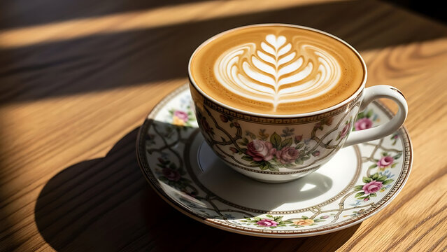 Latte Art Coffee in Floral Decorative Cup on Sunlit Wooden Table