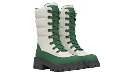 Pair of tall winter boots with green laces isolated on transparent background