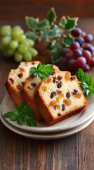 Slices of Fruitcake on Plate with Grapes and Parsley Decoration on Wood