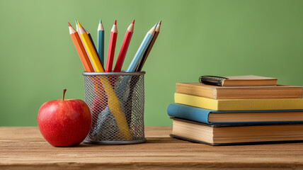 Bright colored pencils stand tall in a cup next to stacked books and a shiny red apple Generative AI