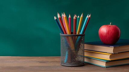 Colorful pencils sit by a red apple and stacked books on a warm wooden surface Generative AI