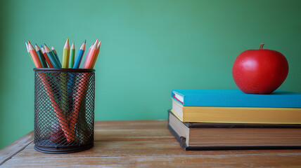 Colorful pencils in a mesh holder sit by stacked books and a red apple on a green background Generative AI
