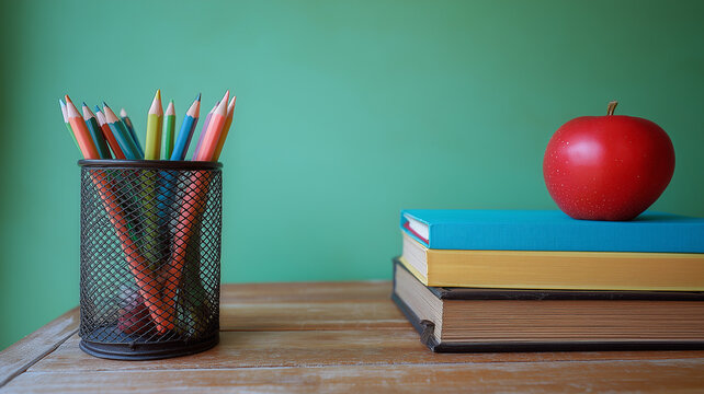 Colorful pencils in a mesh holder sit by stacked books and a red apple on a green background Generative AI - Powered by Adobe