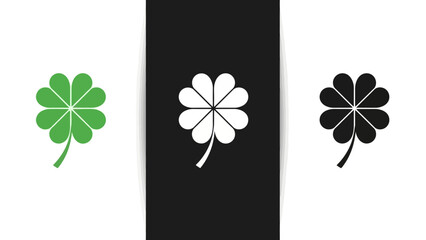 Elegant vector four-leaf clover icons in green, white, and black. Graphics symbolize good luck, fortune, and prosperity, ideal for diverse digital design and themed projects