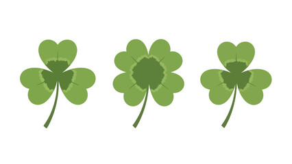 Fototapeta premium Vector illustration set featuring various green clovers, including traditional shamrocks and a lucky four-leaf clover, representing nature, fortune, and spring