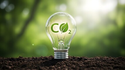 Sustainable energy concept with a lightbulb containing a green leaf and co2 formula