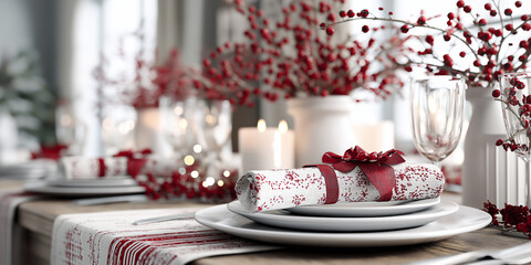 The Christmas table is elegantly set with red accents and white decor for the celebration Generative AI