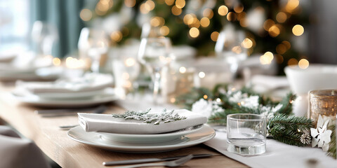 Beautifully set Christmas table ready for a joyful holiday celebration with friends and family Generative AI