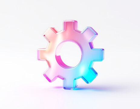 Glossy translucent 3D gear with eight teeth in a pink&ndash;purple&ndash;blue gradient, reflective finish and subtle shadow on a light background&mdash;modern mechanical icon for tech and design.