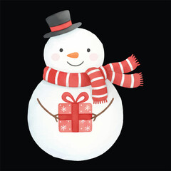 Cute Snowman lifting gift illustration watercolor isolated vector
